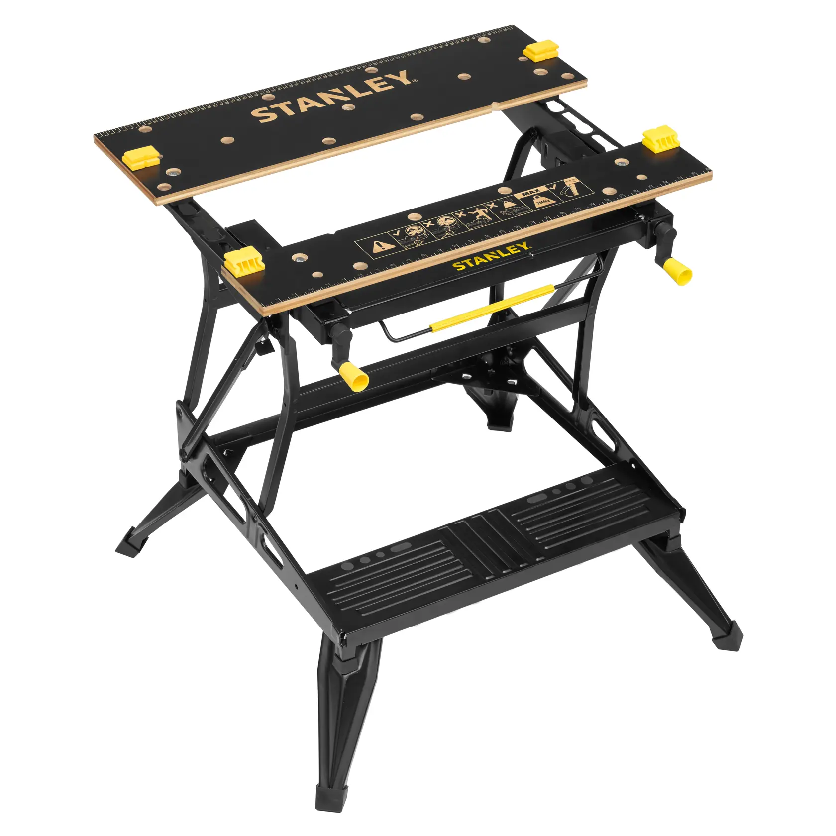 STANLEY STST83800-1 schwarze und gelbe klappbare Werkbank mit verstellbaren Zwingen, Seitenansicht auf weißem Hintergrund.