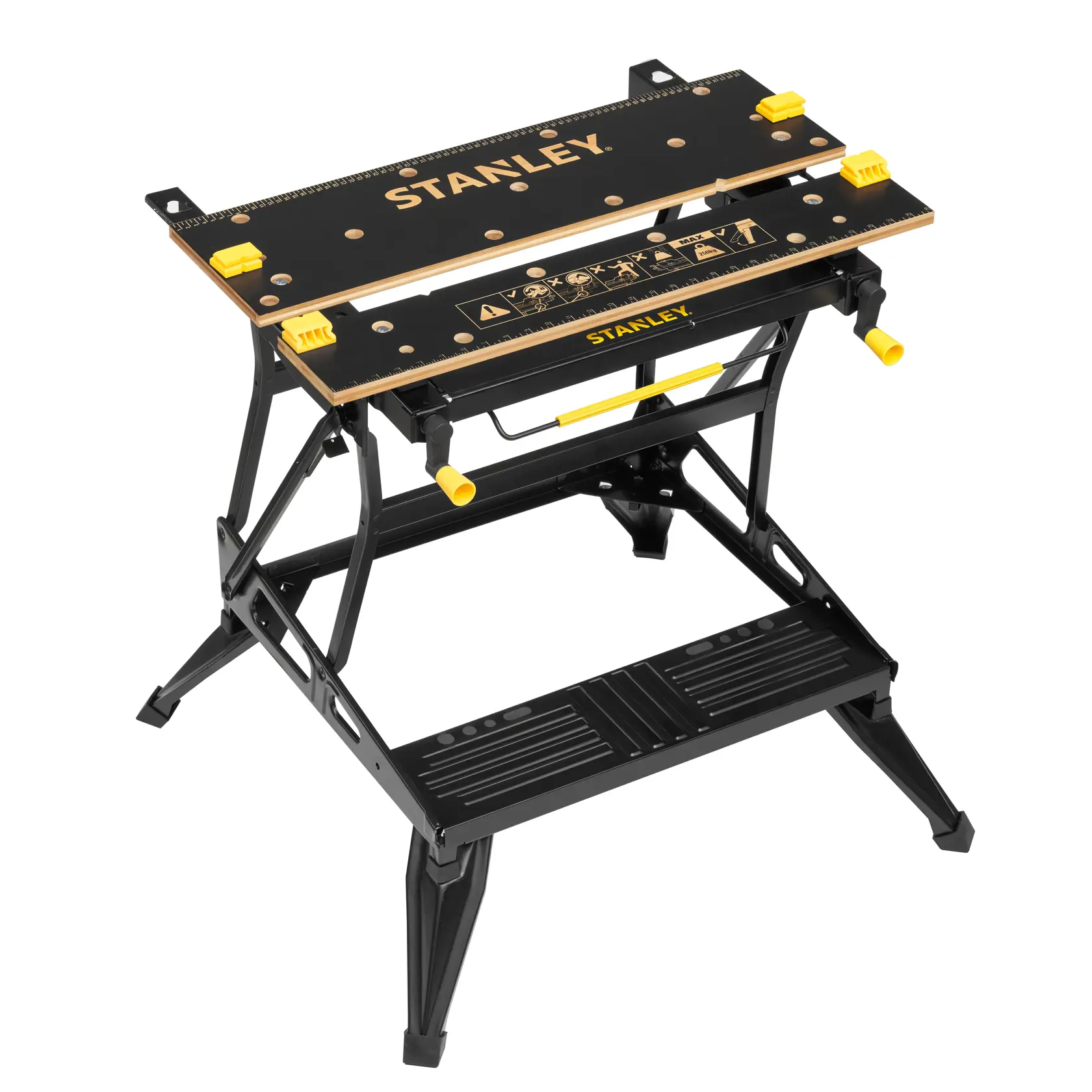 STANLEY STST83800-1 klappbare Werkbank mit schwarz-gelbem Metallrahmen, Tischplatte mit Maßstab, Vorderansicht.