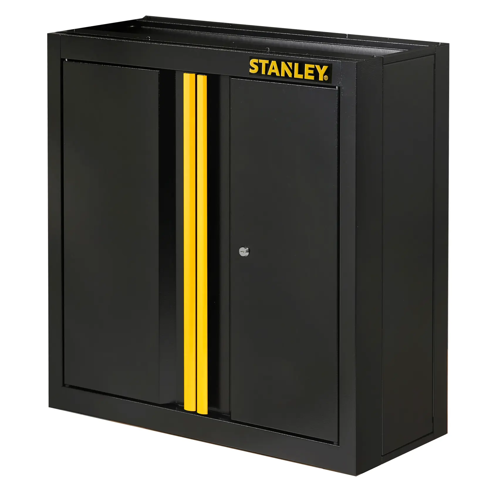 Schwarzer STANLEY Wandschrank mit gelben Akzenten und zwei Türen zur Aufbewahrung und Organisation.