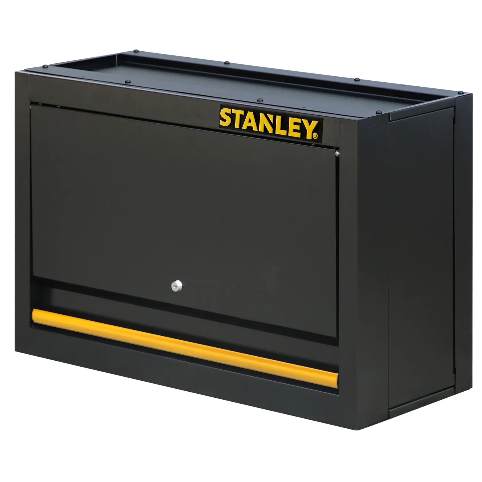 STANLEY STST97599-1 schwarzer Wandmontageschrank, Frontansicht, mit gelbem Akzent und Schloss.