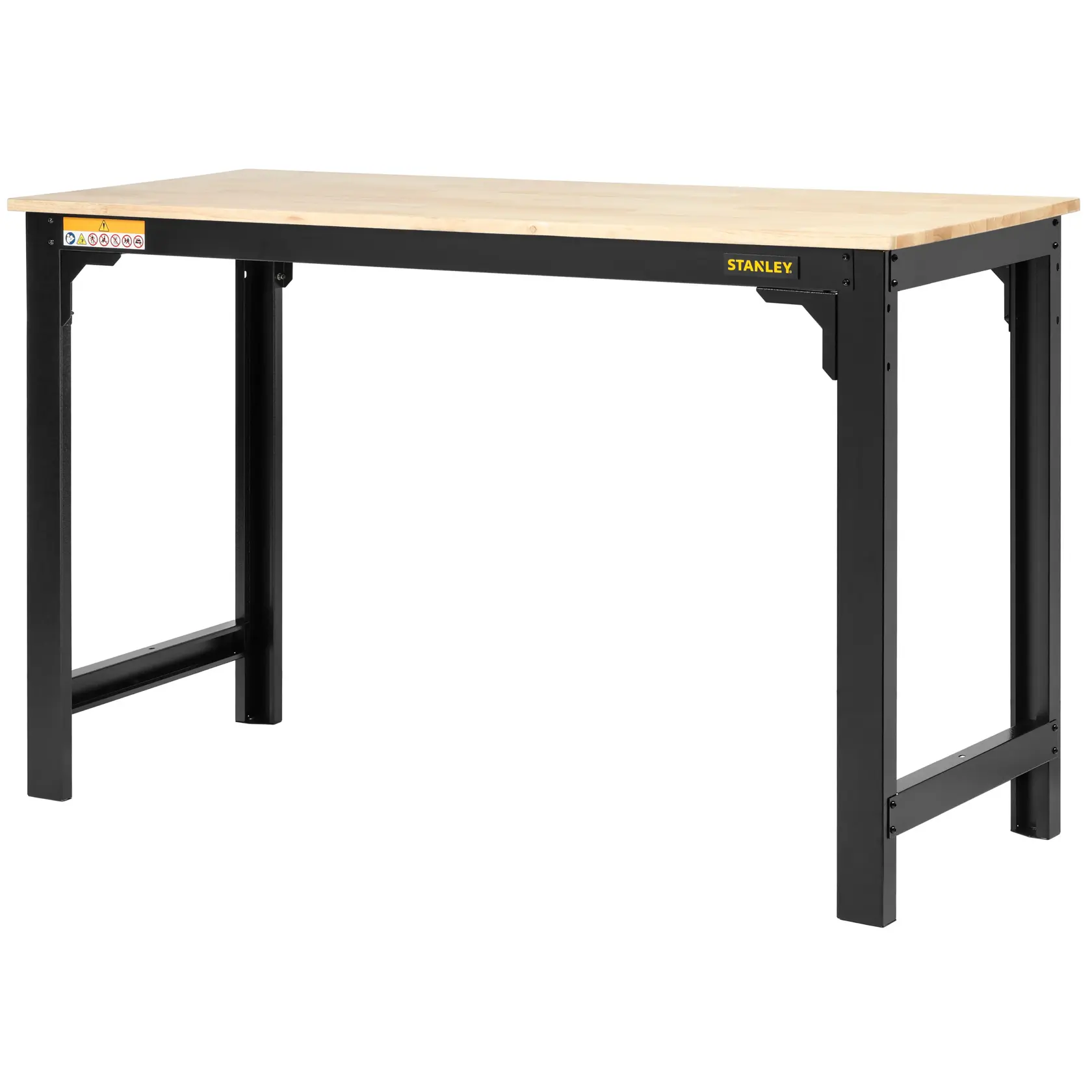 STANLEY STST97998-1 Werkbank mit heller Holzplatte und schwarzem Metallrahmen, Vorderansicht, weißer Hintergrund.