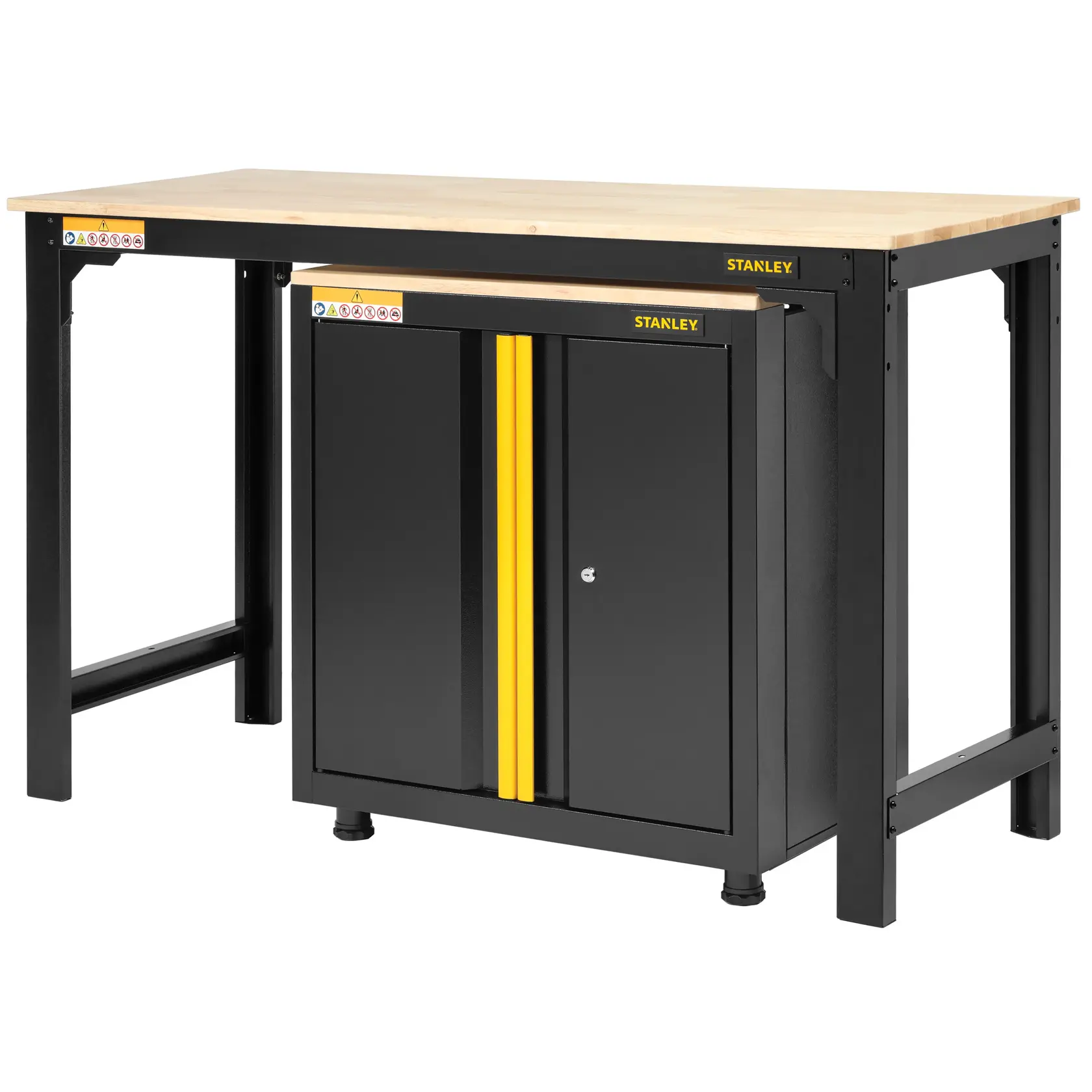 STANLEY STST97998-1 workbench with wooden top and black metal cabinet, front angle on white background.
