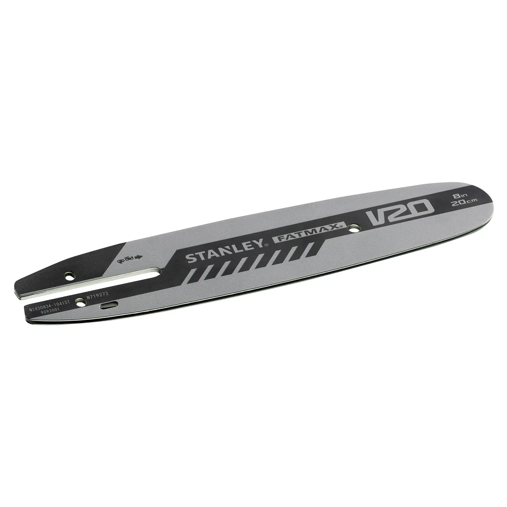 STANLEY STZCS1220 silber-schwarze Kettensägen-Schiene, FATMAX V20, 8in, 20cm, Aufnahme von oben.