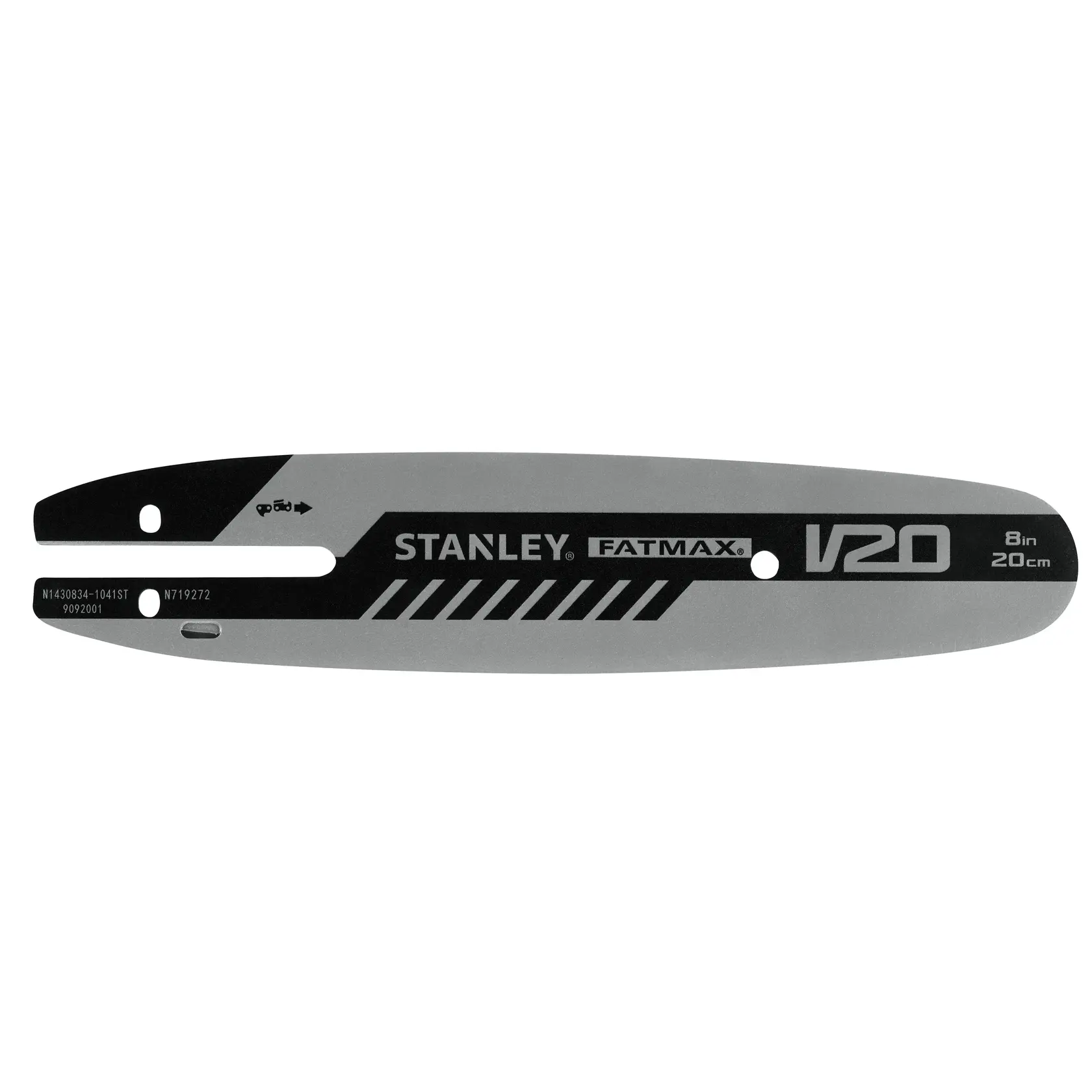 STANLEY STZCS1220 Kettensägen-Schiene, FATMAX V20, 8in/20cm, schwarz und silber, Draufsicht auf weißem Hintergrund.