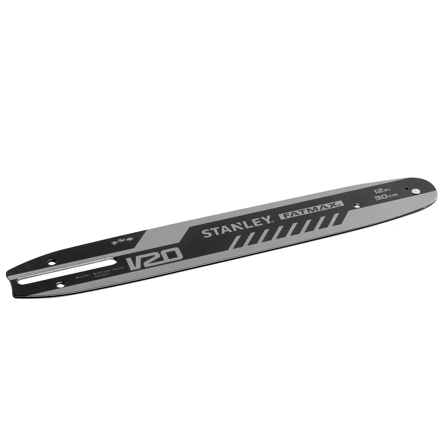 STANLEY STZCS1230 Kettensägen-Führungsschiene, 12 Zoll, Schwarz und Grau, Seitenansicht auf weißem Hintergrund.