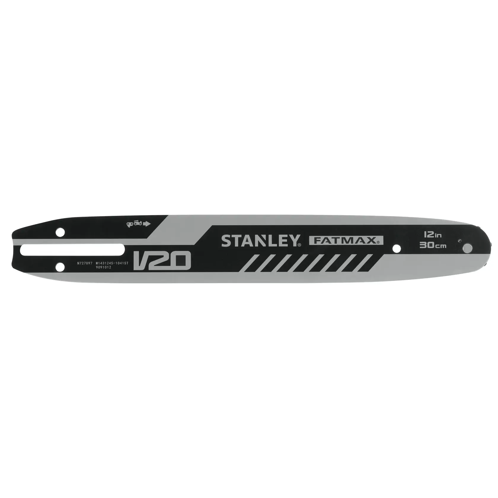 Foto der STANLEY STZCS1230 FATMAX V20 12in Kettensägen-Führungsschiene in Schwarz und Silber, Draufsicht, weißer Hintergrund.