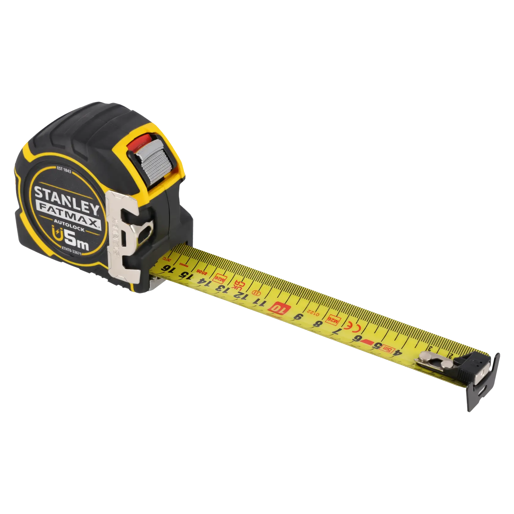 STANLEY XTHT0-33671 Maßband, schwarz-gelb, 5 m, Seitenansicht auf weißem Hintergrund.