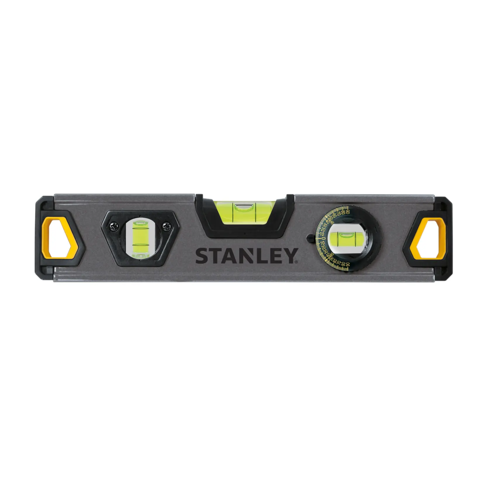 STANLEY XTHT0-42495 spirit level with three vials and yellow accents, front view on white background.